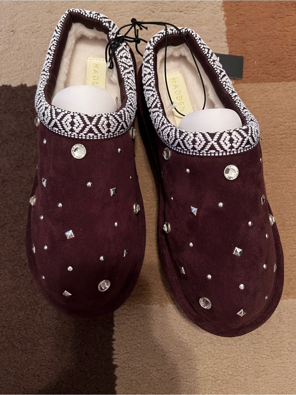 Embellished Suede Burgundy Mules with Patterned Trim